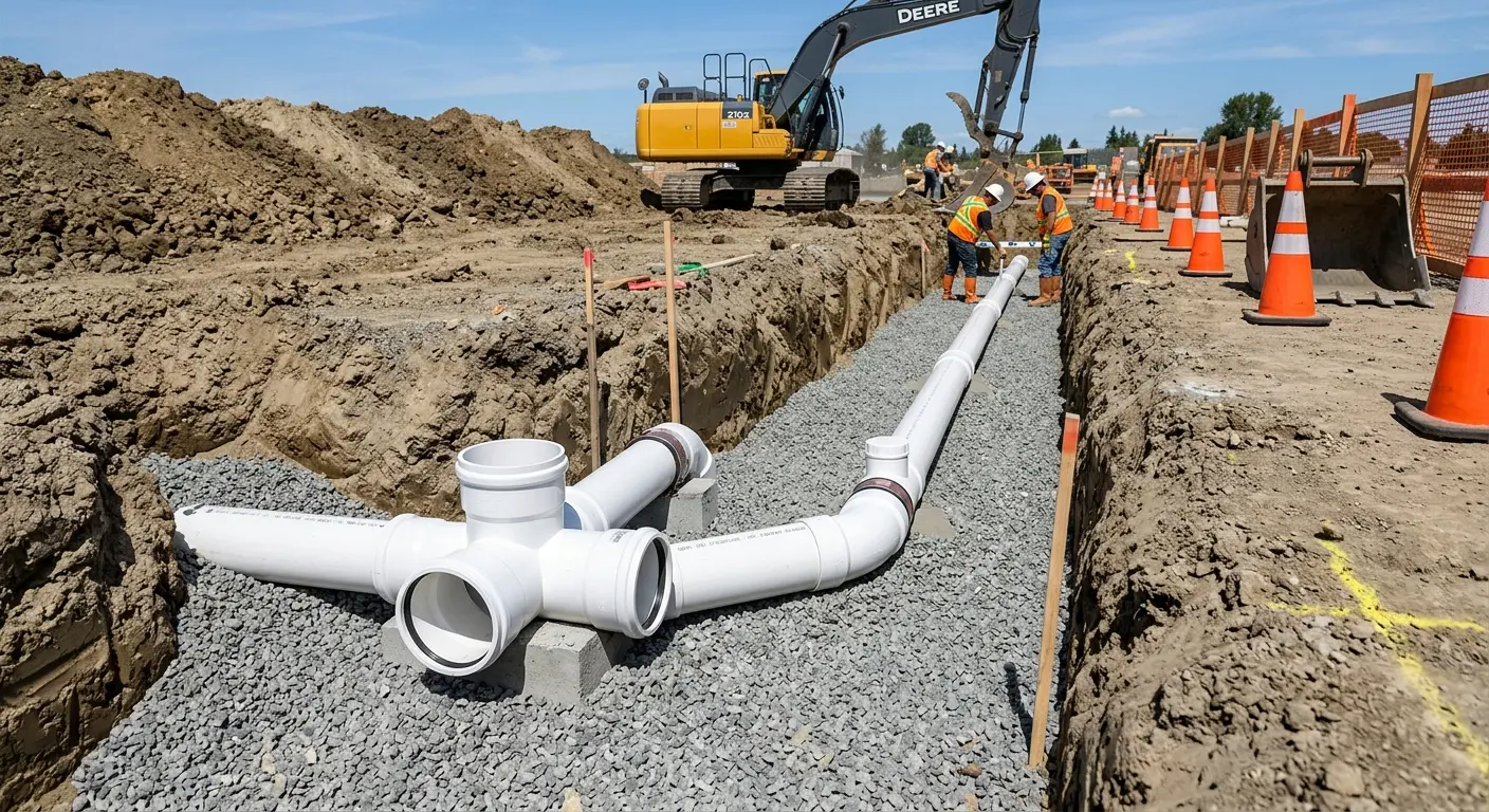 New PVC sewer pipe installation in open trench for Grease Trap Cleaning in South San Francisco