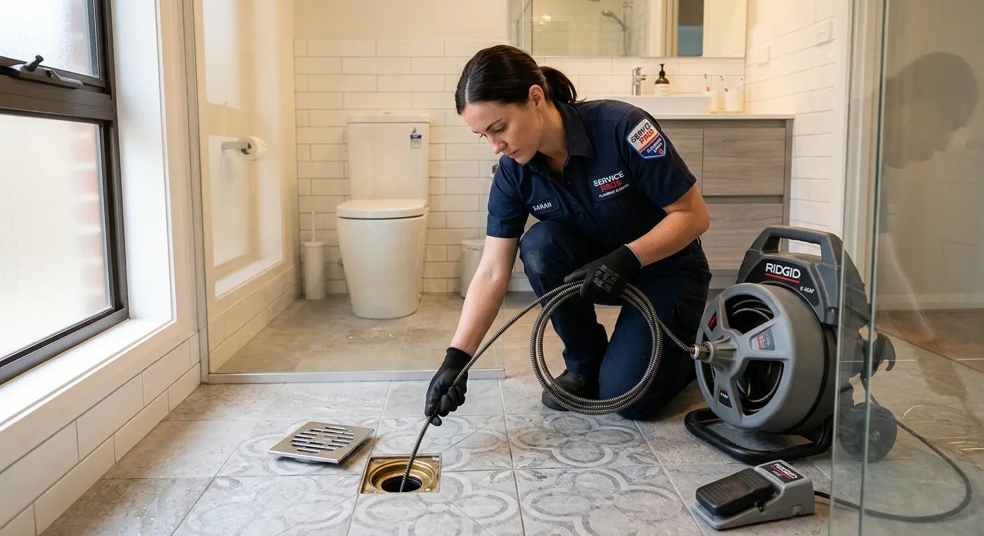 Technician clearing a bathroom floor drain for Hydro Jetting in South San Francisco